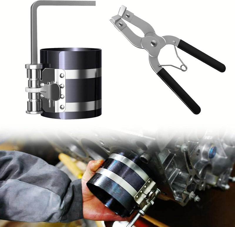 vvag Piston Ring Compressor Tool, Car Engine Piston Ring Installer Removal Kit, Sizes Adjustable from 2-1/8" to 7"(53mm-175mm) with Adjustable Piston Installer Plier - Image 1